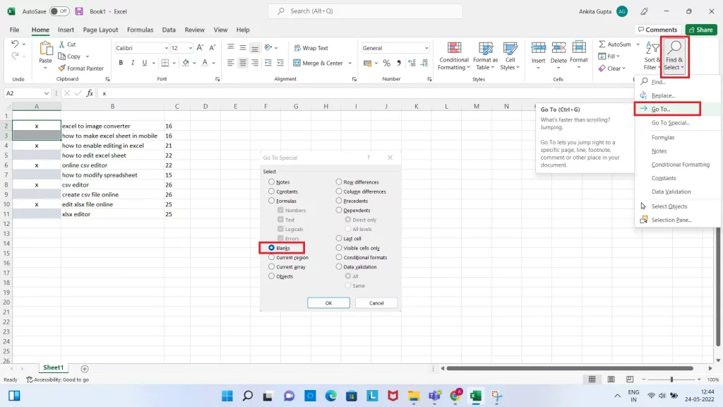 For how to select every other row in excel, use the Go to command from the file & select option to select the blank cells 