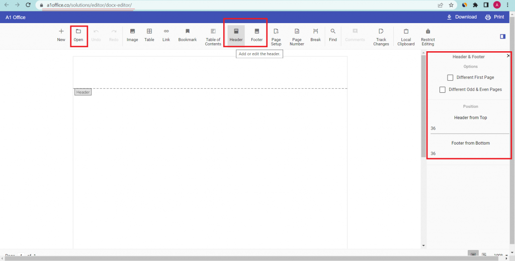 How to add header and footer in word using online editing tool