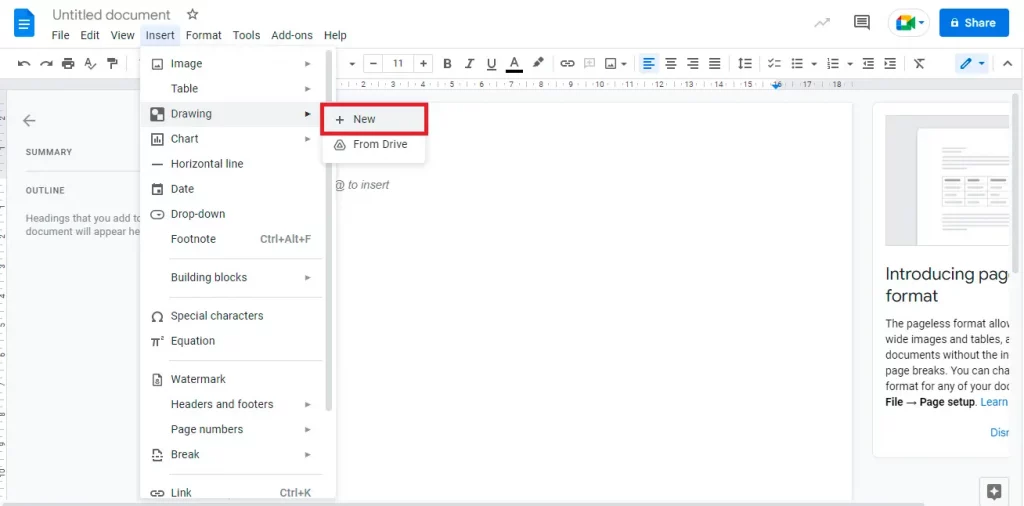 how to add a signature in Google Docs: click new