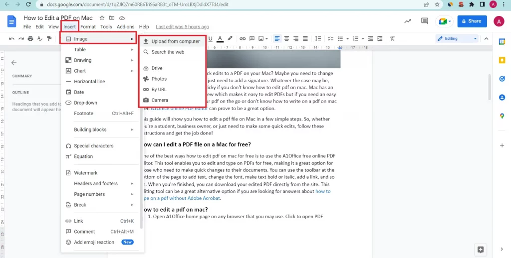 how to add image to PDF using Google drive Docs