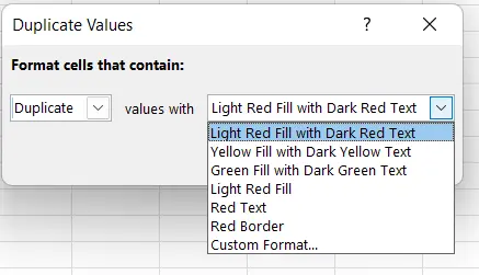 Select highlighting option from duplicate values window