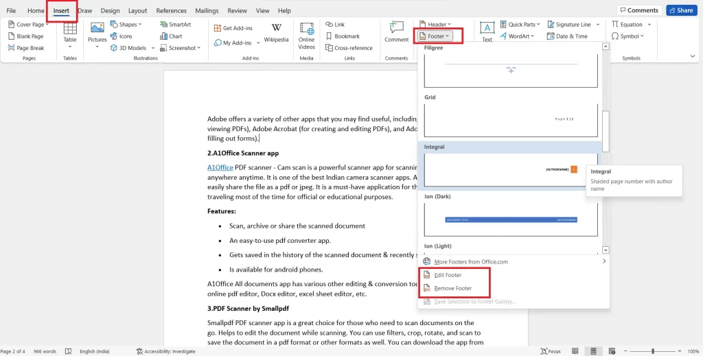 How to insert footer in MS Word?
